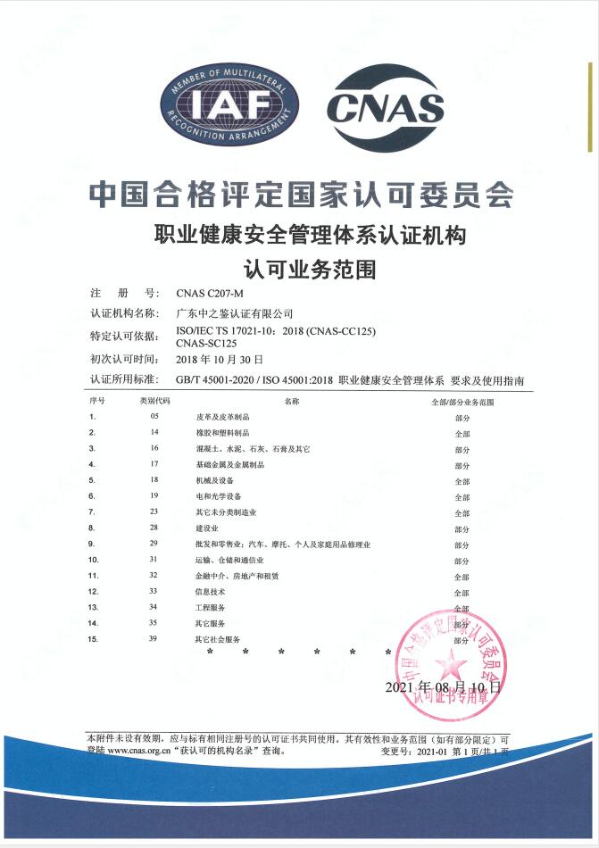 職業健康安全管理體系認可范圍