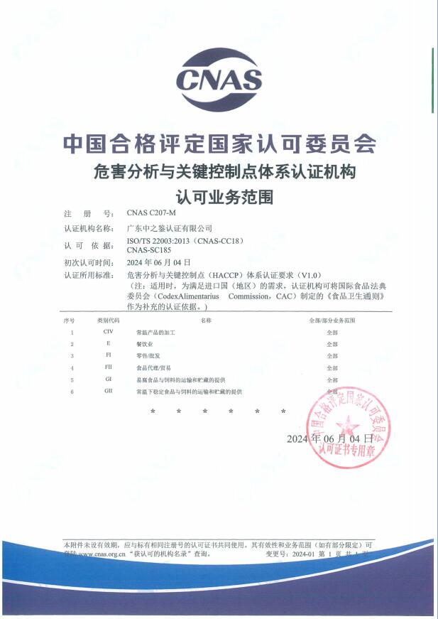 危害分析與關鍵控制點體系認可范圍